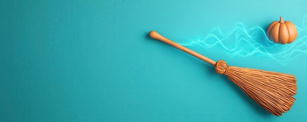 Halloween clay broomstick with magical aura, witch theme, 3D illustration