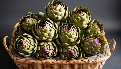 Obraz premium Fresh artichokes in a woven basket