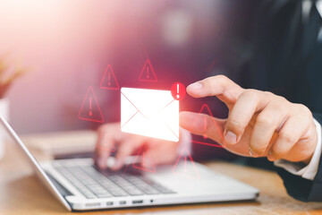 Email inbox alert and spam virus with warning, email security protection alert, new email notification and internet communication concept, email technology icon, junk mail compromised information