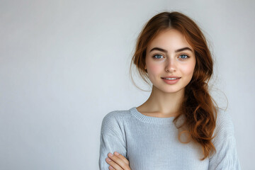Obraz premium A portrait of a young girl stands against a gray wall with a confident forward gaze. In a professional model shoot style. For female model concepts.