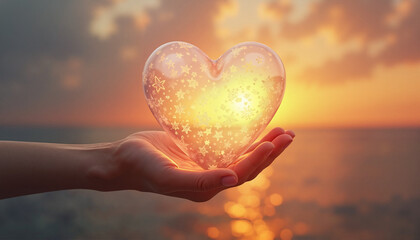Fototapeta premium Glowing heart with stars held gently against sunset ocean background