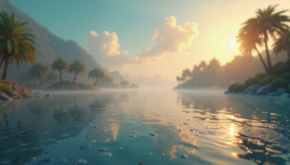 Fototapeta premium Tropical paradise with serene sunset reflecting on misty lagoon against mountainous backdrop