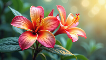 Fototapeta premium Vibrant Hibiscus Flowers Blooming Beautifully Against Blurred Green Background