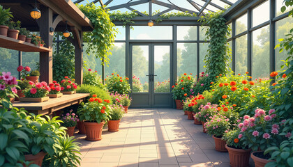 Vibrant Greenhouse Oasis with Colorful Flowers in Sunlit Glass Structure