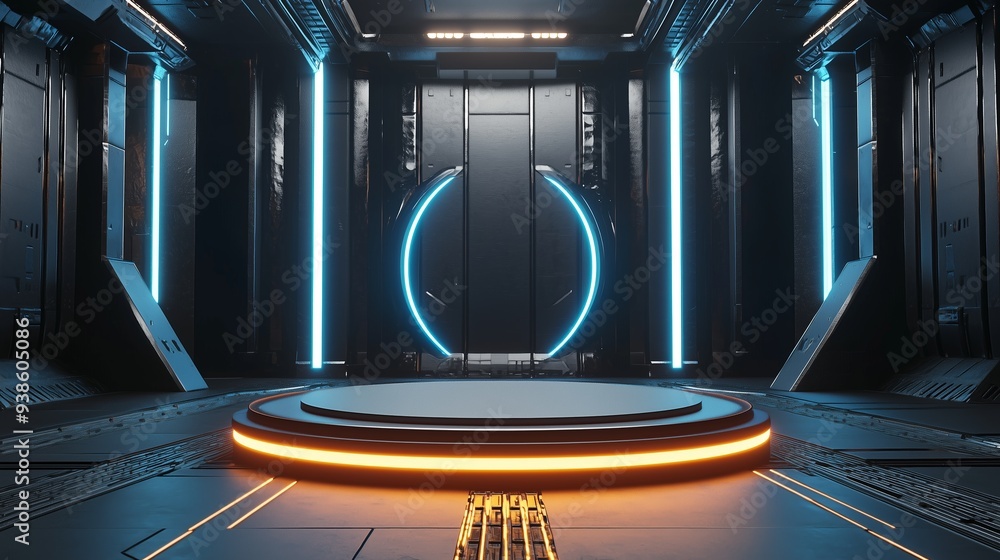 Poster an empty 3d podium with a force field barrier around it, set in a futuristic arena with metallic wal