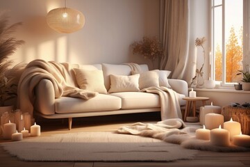 Cozy reading corner with lit candles. Sofa with feather pillows and beige pastel blanket. Scandinavian farmhouse, modern living room hygge home interior design. Warm and inviting fall