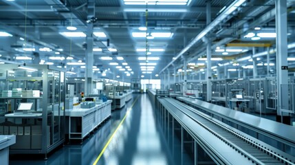 A modern assembly plant with streamlined operations, automated systems, and organized workspaces. Clean, precise, and ready for card design integration.