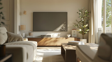 A well-kept TV room with minimalist decor, clean surfaces, and soft, inviting natural lighting.