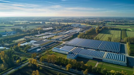 Fototapeta premium A sustainable industrial complex with smart infrastructure, green initiatives, and advanced technology. A harmonious blend of innovation and environmental responsibility, perfect for card layouts.