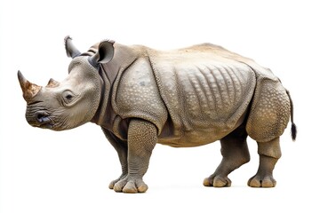 Obraz premium A Single Adult Indian Rhinoceros Standing on White Background