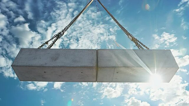 A rope is attached to a cement block, which is hanging in the air. The sky is blue with some clouds