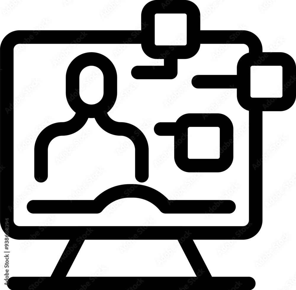 Poster simple vector icon of a person attending a video conference using a desktop computer