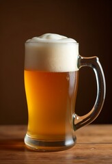 Beer mug on wooden table traditional bavarian oktoberfest drink brown background