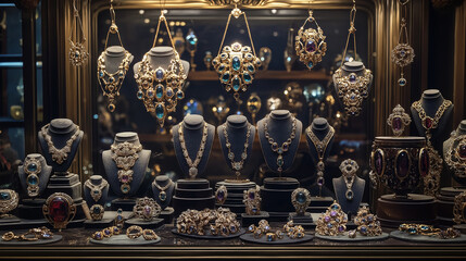Jewelry Display Background with Intricately Designed Rings Necklaces and Gemstones Highlighting Sparkle and Craftsmanship