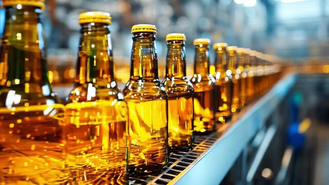 A row of beer bottles on a conveyor belt. The bottles are all the same color and have a similar design