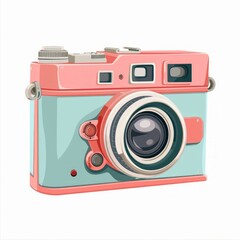 Retro camera, digital photo cam with blank snaphots. Photocamera, optical device of 2000s for moment photos. Flat vector illustration isolated on white