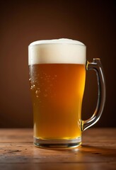 Beer mug on wooden table traditional bavarian oktoberfest drink brown background