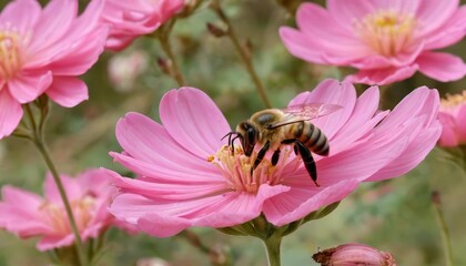  Beeautiful interaction  A bee visits a vibrant pink flower