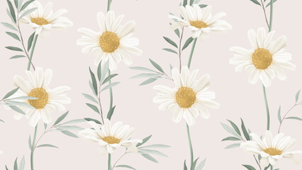 Fototapeta premium Floral seamless pattern, white daisy flowers with leaves on brown background