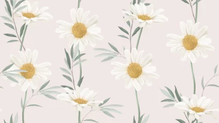 Gardinen Blättern Floral seamless pattern, white daisy flowers with leaves on brown background  © momosama