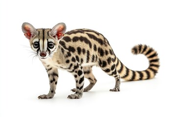 A Small Spotted Cat Standing on White Background