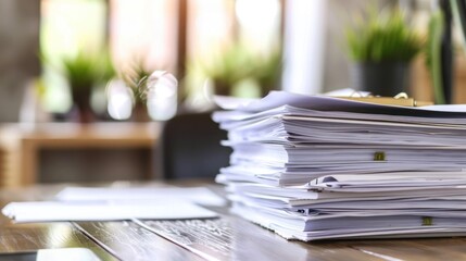 A stack of papers on a wooden table