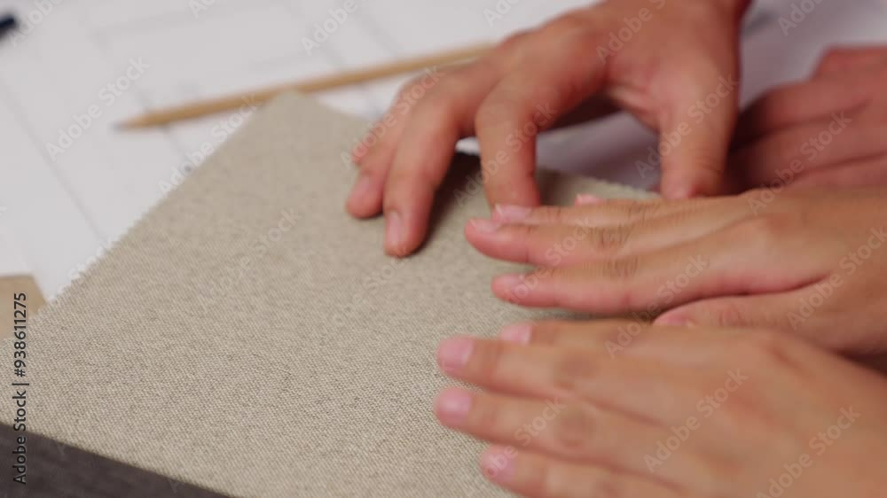Poster slow motion hand closeup architect and interior designer presenting textile material and color from 