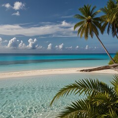 A tropical island with white sandy beaches, turquoise waters, and lush vegetation