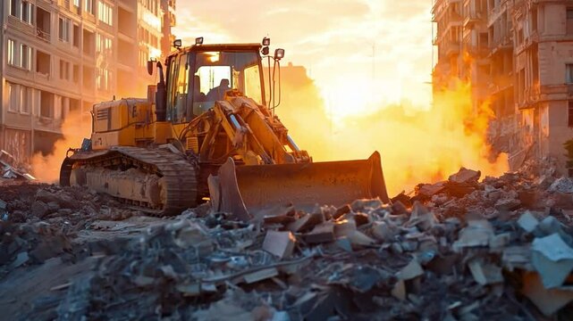 A large yellow and black construction vehicle is driving through a pile of rubble. The sun is setting in the background, casting a warm glow over the scene