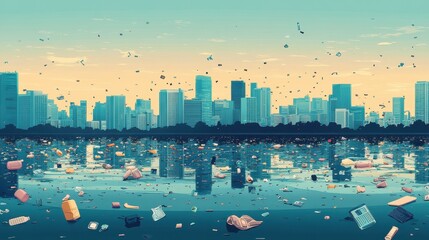 Obraz premium A city skyline is reflected in a body of water