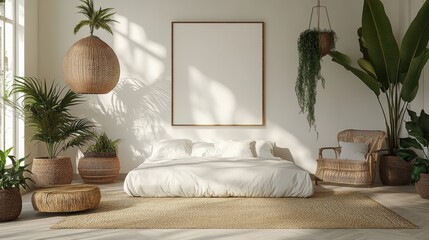 A white room with a white bed and a white wall