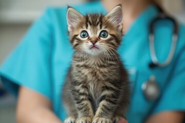 Adorable kitten with veterinarian in blue scrubs