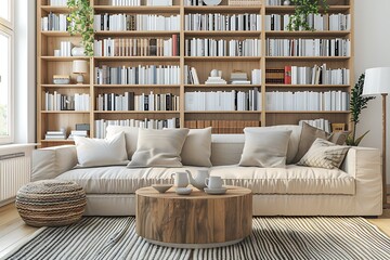 Bright living room interior with large sofa, bookshelves, coffee table, crockery, white wall, carpet and oak wooden floor. Concept of minimalist design. Comfortable place for meeting. 3d rendering