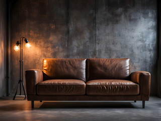 Leather couch in a dark room on the background of bright lights constant light. Loft interior with concrete walls