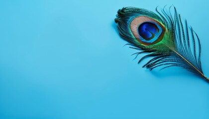 Obraz premium Elegance in flight A single peacock feather against a blue backdrop