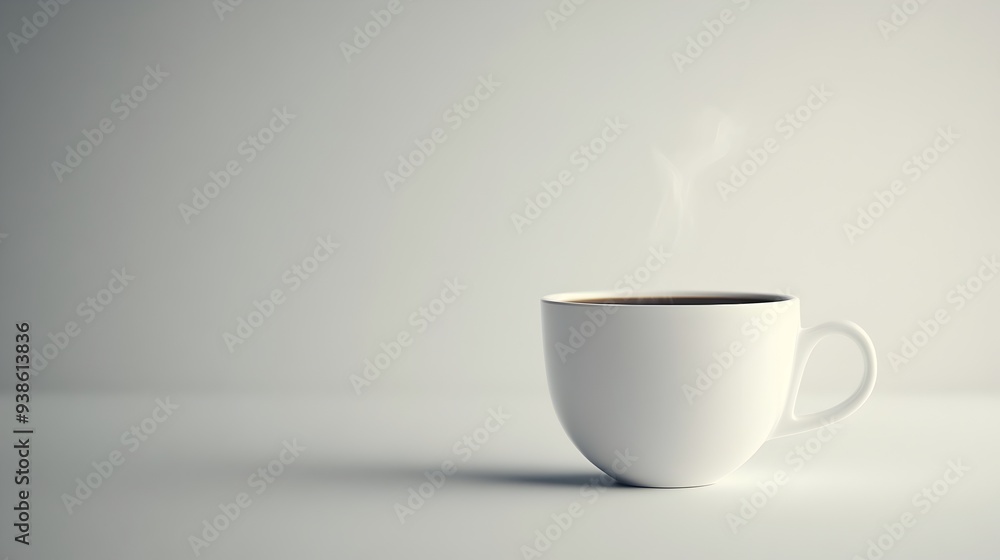 Poster a serene and minimalist photograph showcasing a steaming cup of aromatic coffee placed on a plain wh