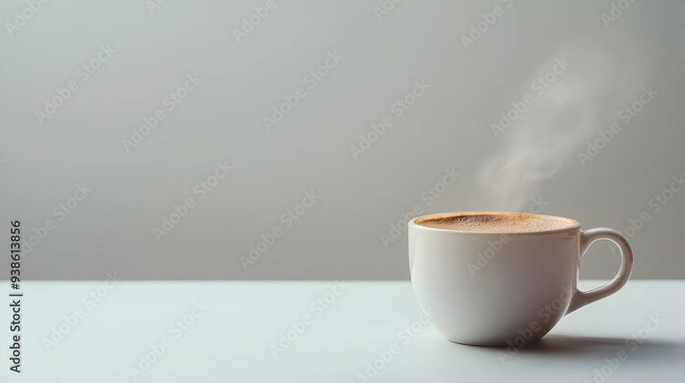 Poster overhead view of a steaming hot cup of fresh brewed coffee placed on a plain white surface with ampl