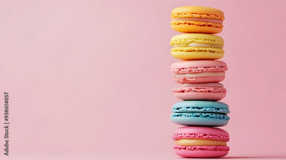 Poster a beautifully arranged stack of vibrant pastel colored macarons isolated on a clean light background