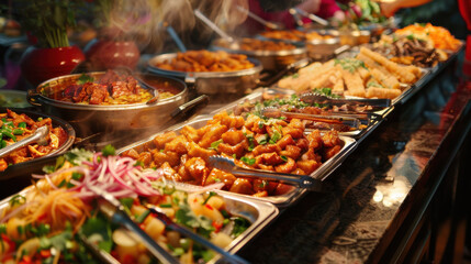 Obraz premium Beautifully lit Chinese food, showcasing its colorful and appetizing appearance
