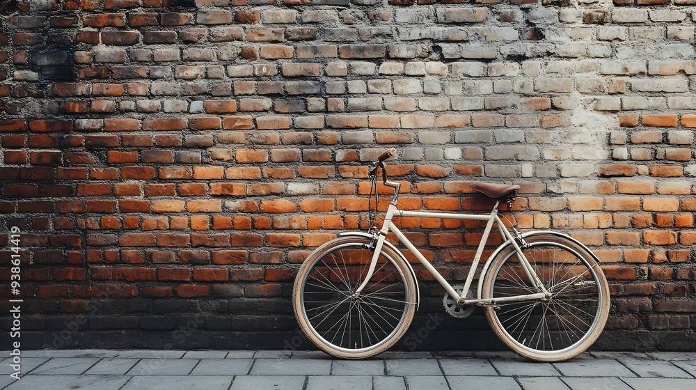 Poster a bicycle leaning casually against a rustic weathered brick wall in an urban setting the image offer