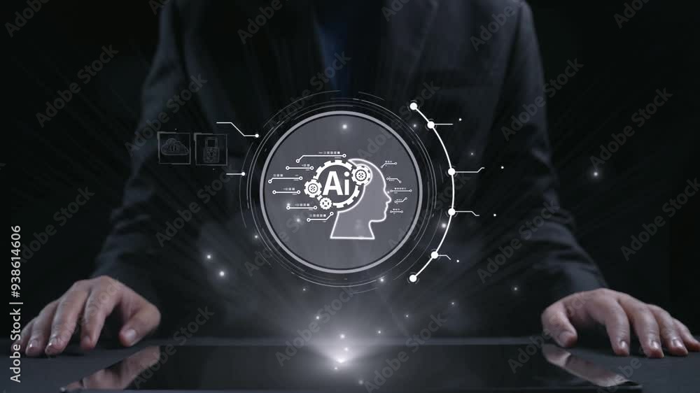 Poster human interact with ai artificial intelligence brain processor in concept of ai artificial intellige