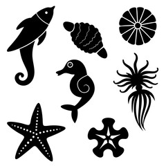 Underwater sea life icons collection on white background silhouette vector illustration