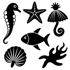 Fototapeta premium Underwater sea life icons collection on white background silhouette vector illustration