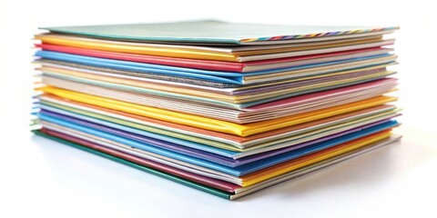 A collection of colorful catalogs stacked neatly on a white background, catalogues, brochures, magazines, print