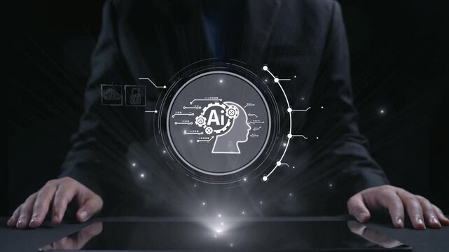 Human interact with AI artificial intelligence brain processor in concept of AI artificial intelligence engineering, big data and AI machine learning to use generative AI for business support. UUID
