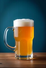 Beer mug on wooden table traditional bavarian oktoberfest drink blue background