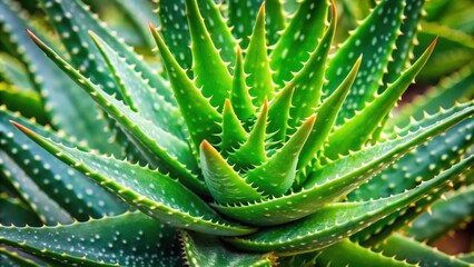 Close up of a healthy aloe plant with thick, fleshy leaves, succulent, green, natural, botanical, skincare, healing, organic