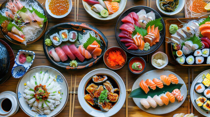 Bright and colorful Japanese dishes under natural, beautiful lighting