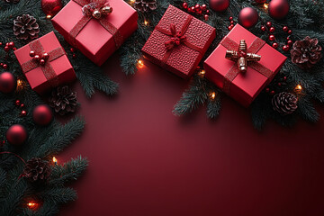 christmas red background with realistic 3d decorative design elements. Festive Xmas composition flat top view of red gift boxes, glowing garland decorations, green tree branches