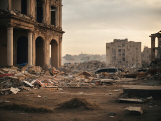 broken building after war bustling city